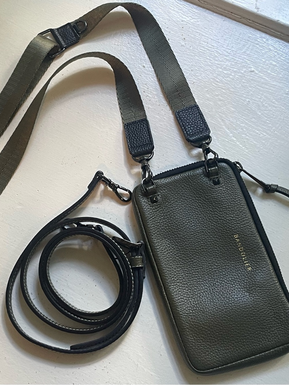 Bandolier Army Green Pebble Leather Zip Pouch with 2 Straps